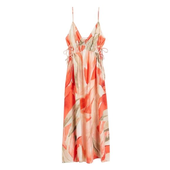 H&M Peach and Cream Floral Print Sleeveless Maxi Dress Sundress Medium - Picture 1 of 9